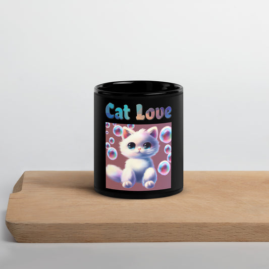 Black Glossy Mug with Cat With Bubbles with text "Cat Love" at $25.97 found at Personalizedpetlovergifts