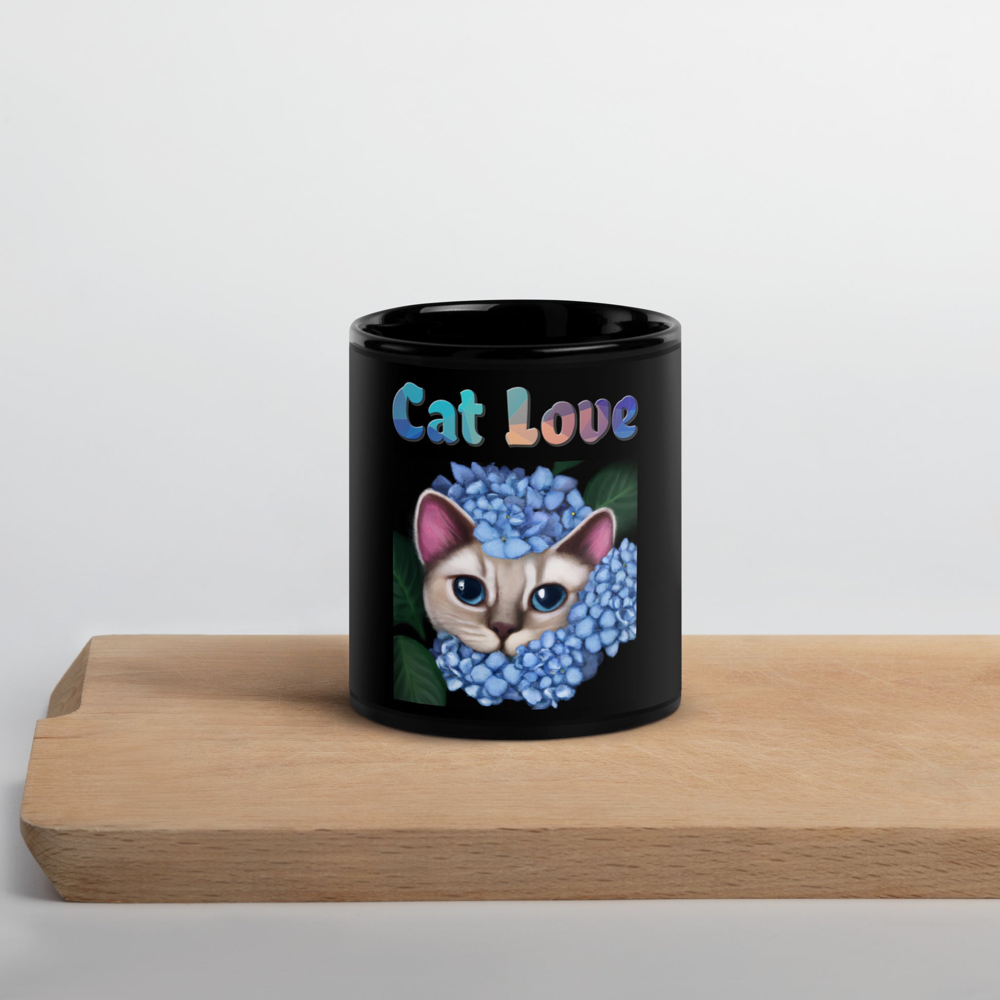 Black Glossy Mug with Cat With Blue Hydrangea Flowers with text "Cat Love" at $25.97 found at Personalizedpetlovergifts