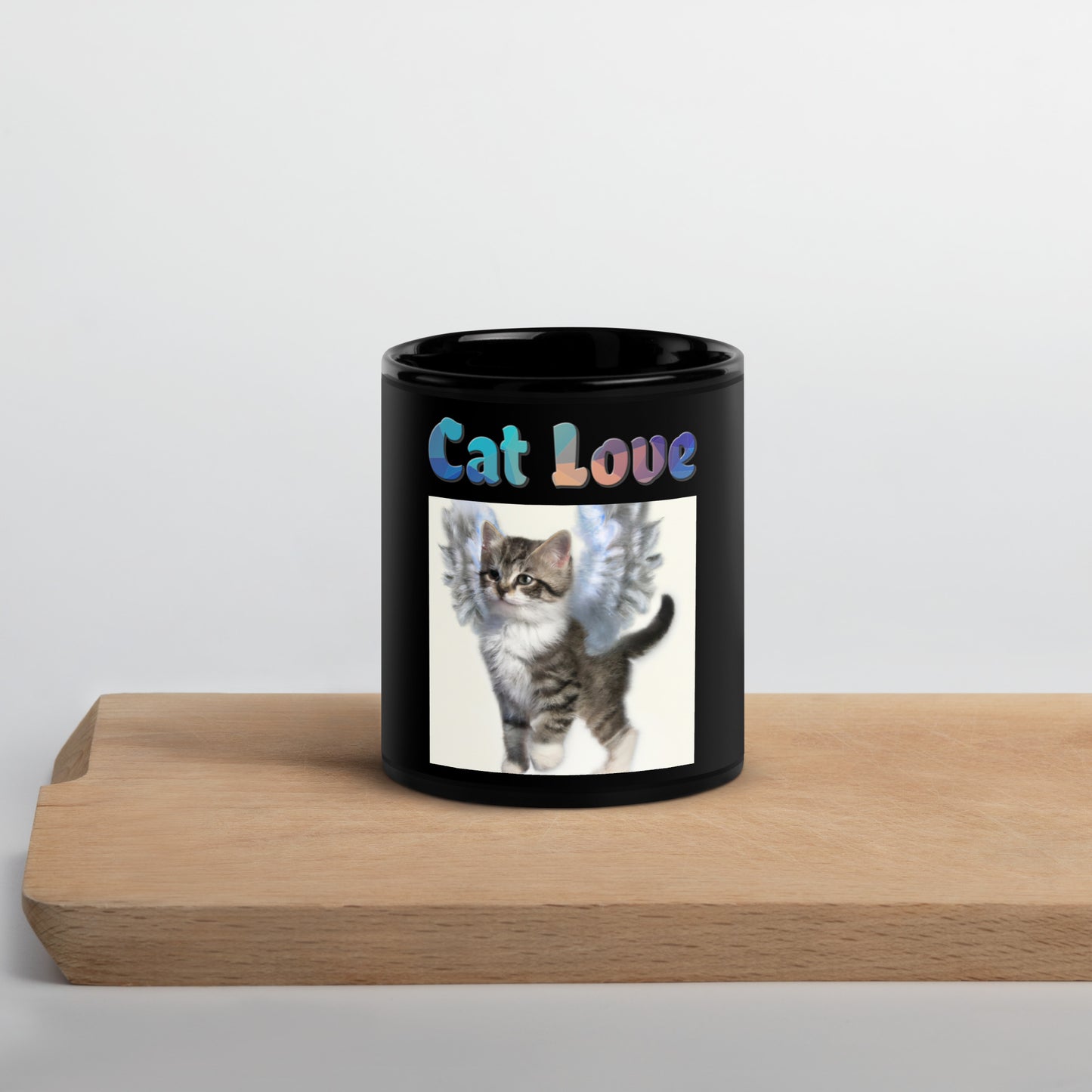 Black Glossy Mug with Cat With Beautiful Angel Wings with text "Cat Love" at $25.97 found at Personalizedpetlovergifts