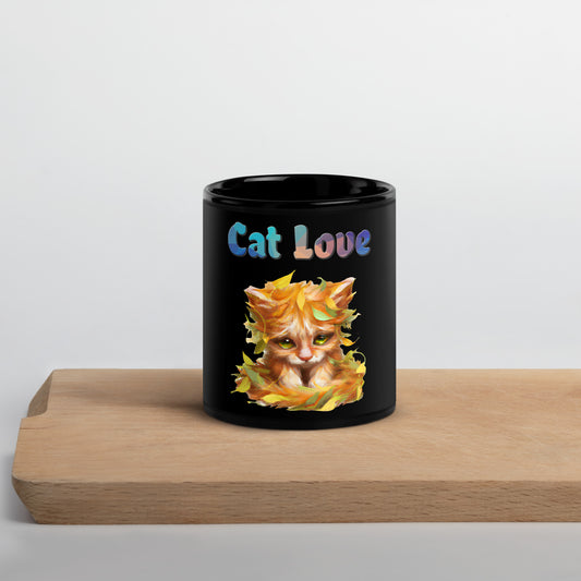 Black Glossy Mug with Cat With Autumn Leaves with text "Cat Love" at $25.97 found at Personalizedpetlovergifts