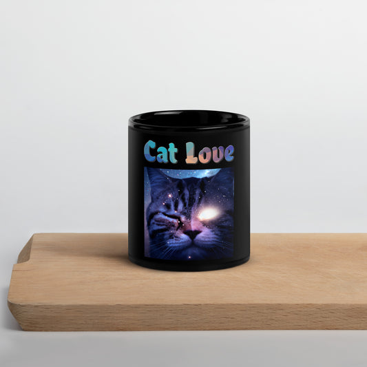 Black Glossy Mug with Cat With a Shiny Eye with text "Cat Love" at $25.97 found at Personalizedpetlovergifts