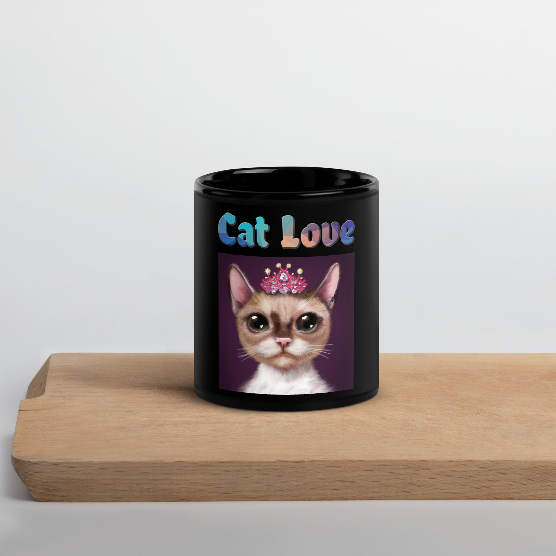 Black Glossy Mug with Cat With a Pink Tiara with text "Cat Love" at $25.97 found at Personalizedpetlovergifts