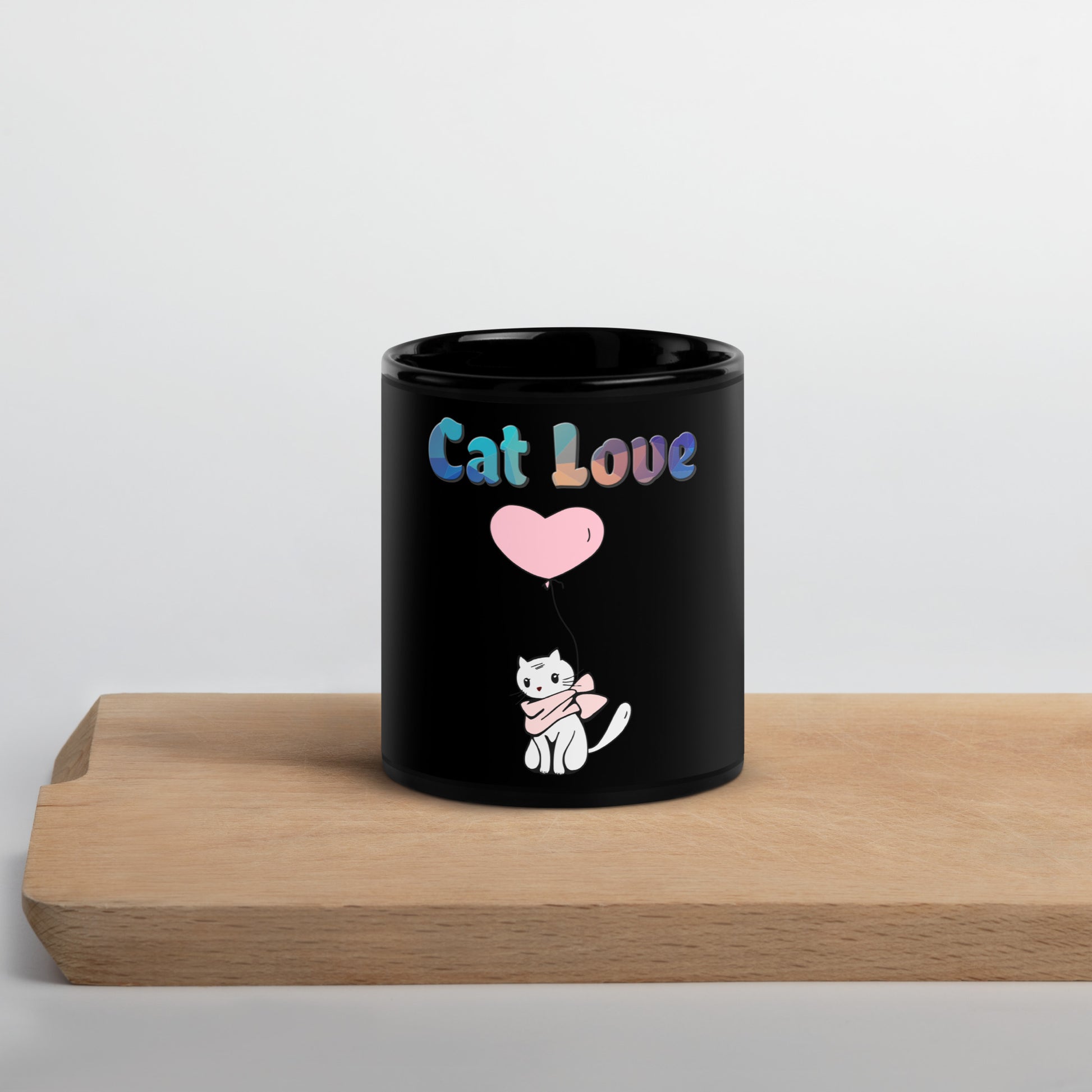 Black Glossy Mug with Cat With a Pink Heart Balloon with text "Cat Love" at $25.97 found at Personalizedpetlovergifts