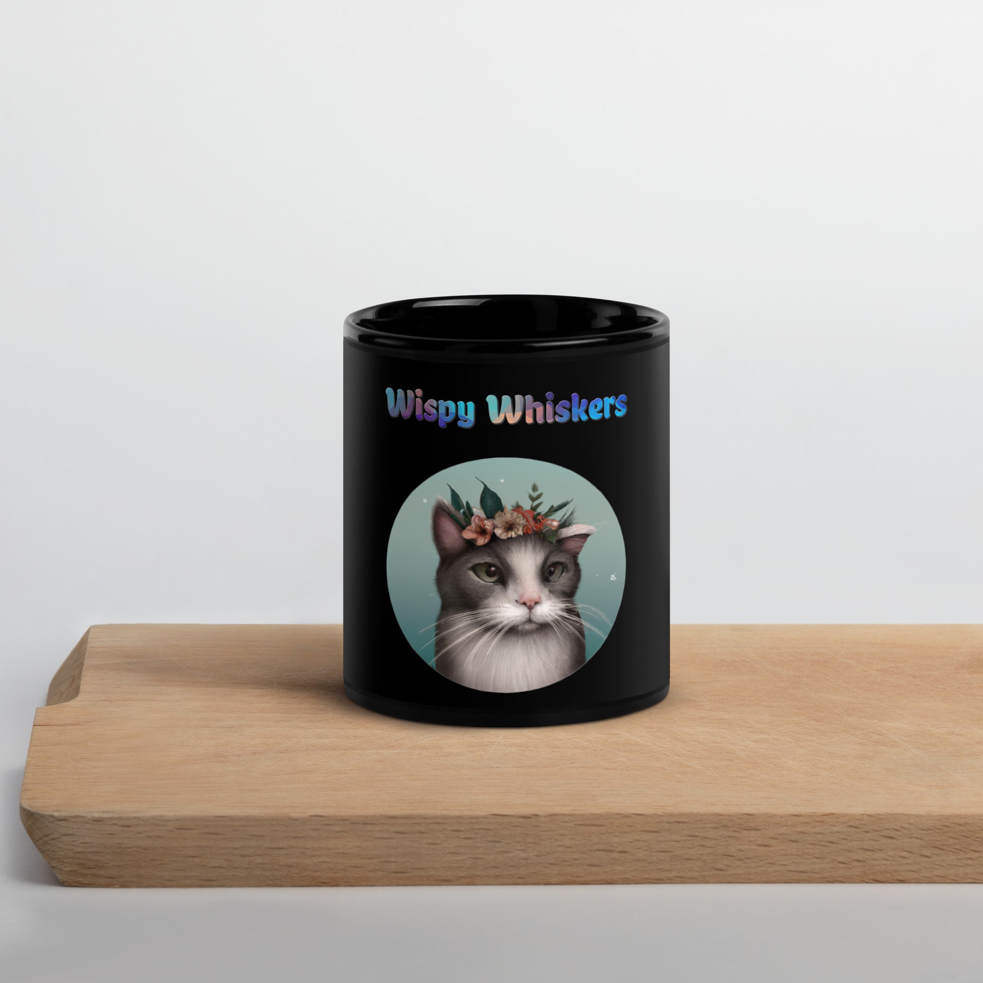 Black Glossy Mug with Cat With Flowers with text "Wispy Whiskers" at $25.97 found at Personalizedpetlovergifts