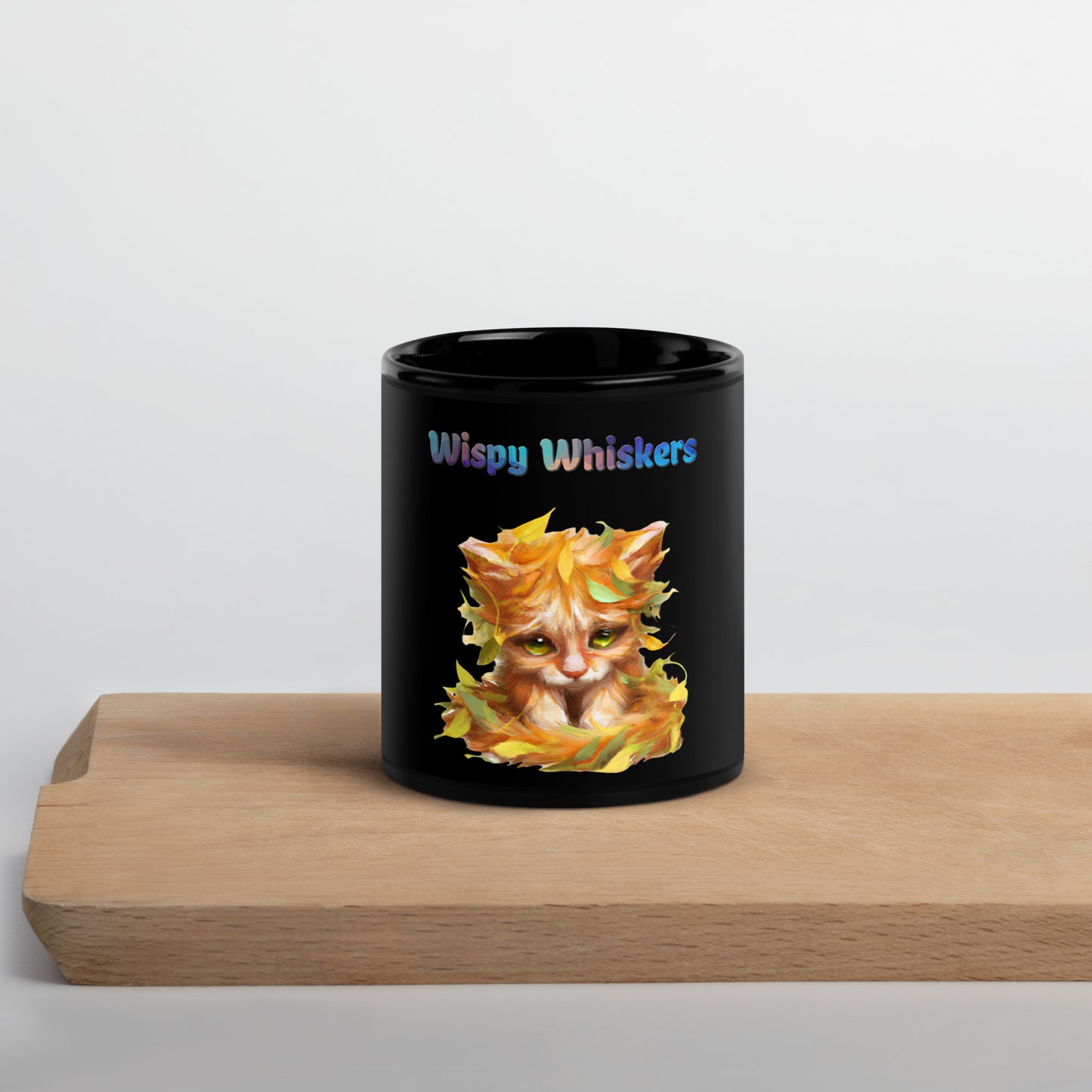 Black Glossy Mug with Cat With Autumn Leaves with text "Wispy Whiskers" at $25.97 found at Personalizedpetlovergifts