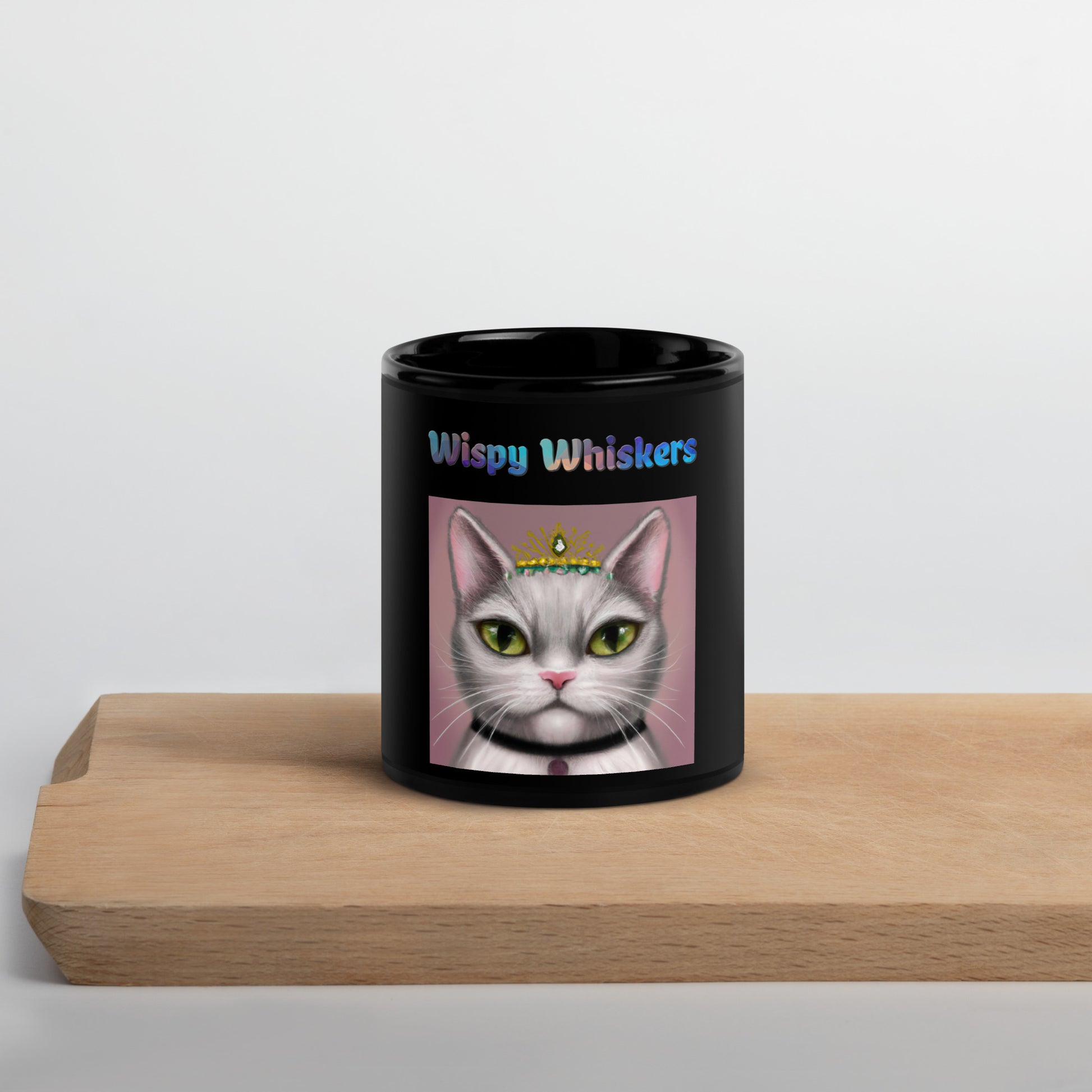 Black Glossy Mug with Cat With a Tiara with text "Wispy Whiskers" at $25.97 found at Personalizedpetlovergifts