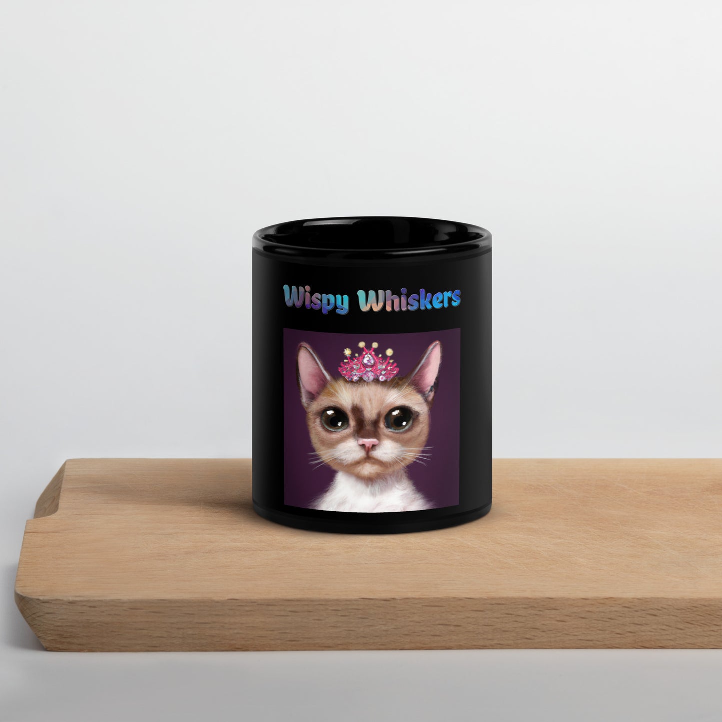 Black Glossy Mug with Cat With a Pink Tiara with text "Wispy Whiskers" at $25.97 found at Personalizedpetlovergifts