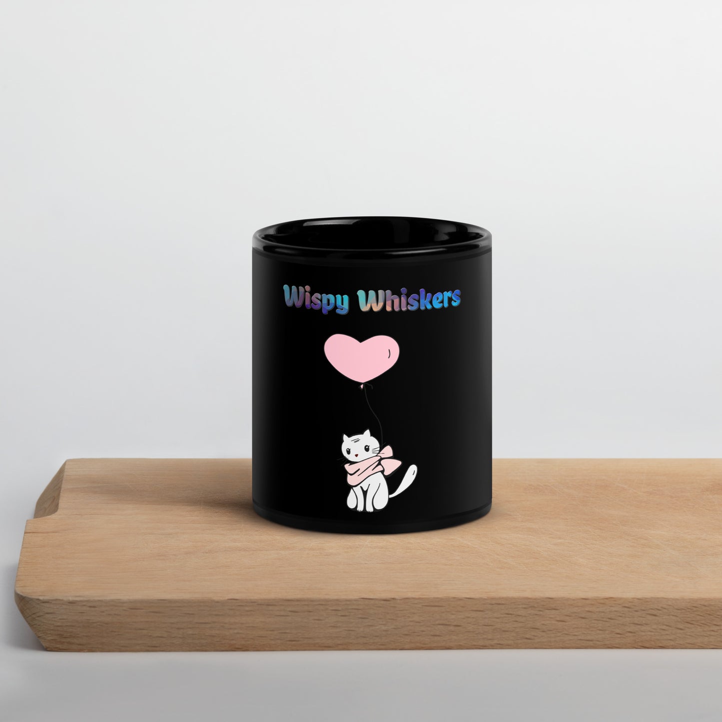 Black Glossy Mug with Cat With a Pink Heart Balloon with text "Wispy Whiskers" at $25.97 found at Personalizedpetlovergifts