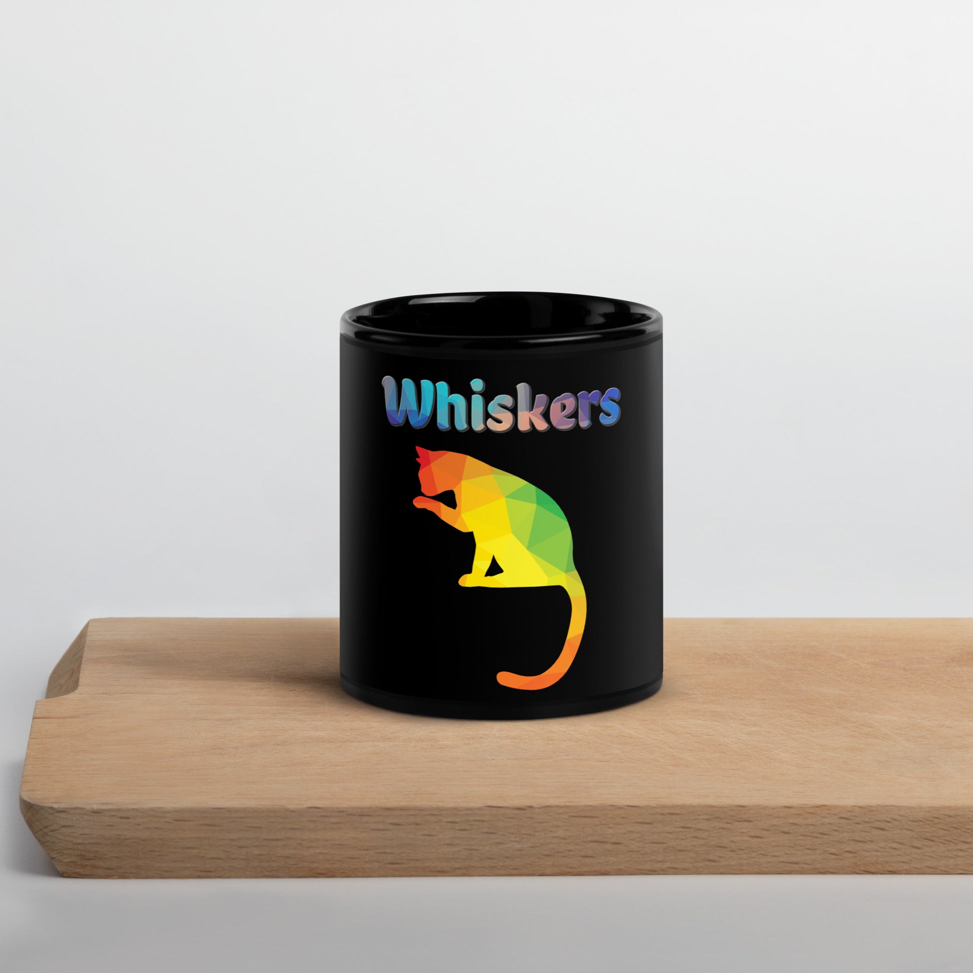 Black Glossy Mug with Colorful Cat Silhouette with text "Whiskers" at $25.97 found at Personalizedpetlovergifts