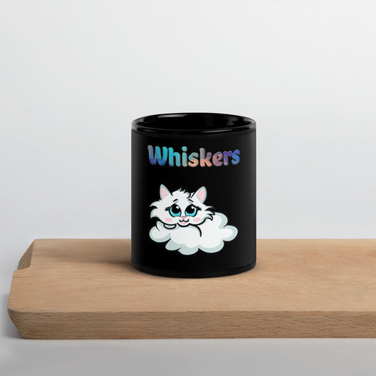 Black Glossy Mug with Cloud Kitten with text "Whiskers" at $25.97 found at Personalizedpetlovergifts