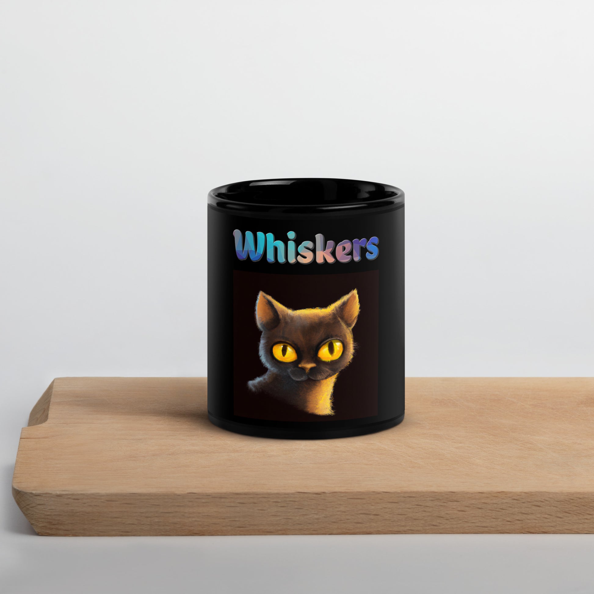 Black Glossy Mug with Cat With Shiny Yellow Eyes with text "Whiskers" at $25.97 found at Personalizedpetlovergifts