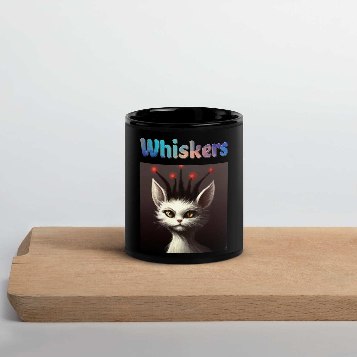 Black Glossy Mug with Cat With Red Alien Spikes with text "Whiskers" at $25.97 found at Personalizedpetlovergifts