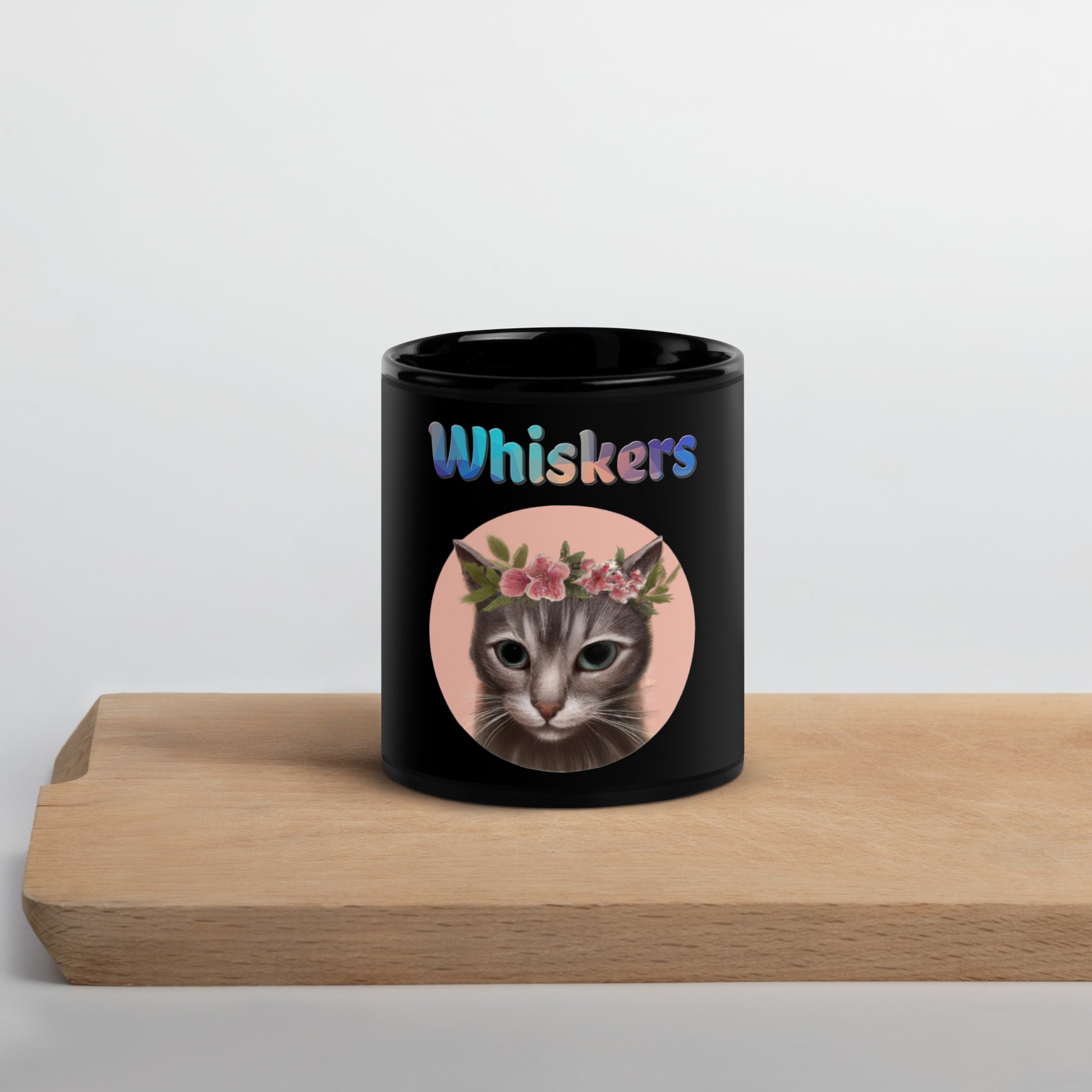 Black Glossy Mug with Cat With Pink Floral Headpiece with text "Whiskers" at $25.97 found at Personalizedpetlovergifts