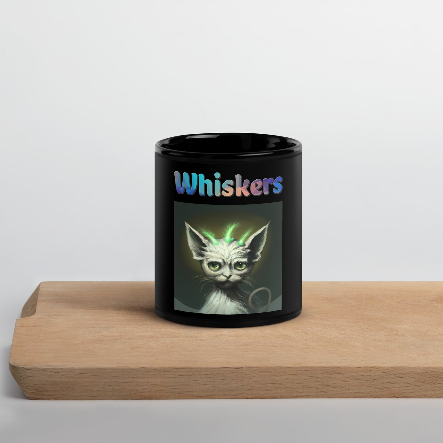 Black Glossy Mug with Cat With Green Alien Spikes with text "Whiskers" at $25.97 found at Personalizedpetlovergifts