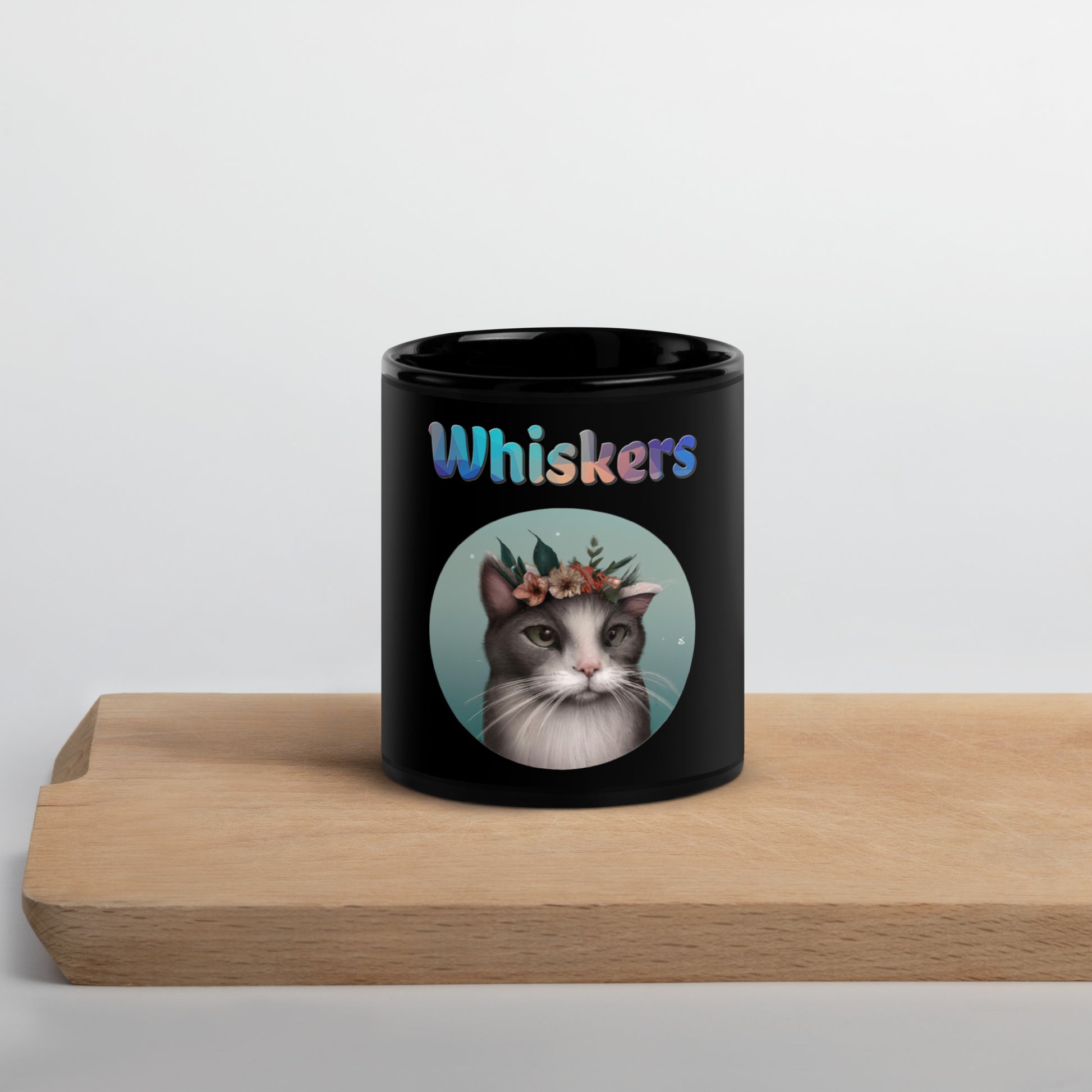 Black Glossy Mug with Cat With Flowers with text "Whiskers" at $25.97 found at Personalizedpetlovergifts