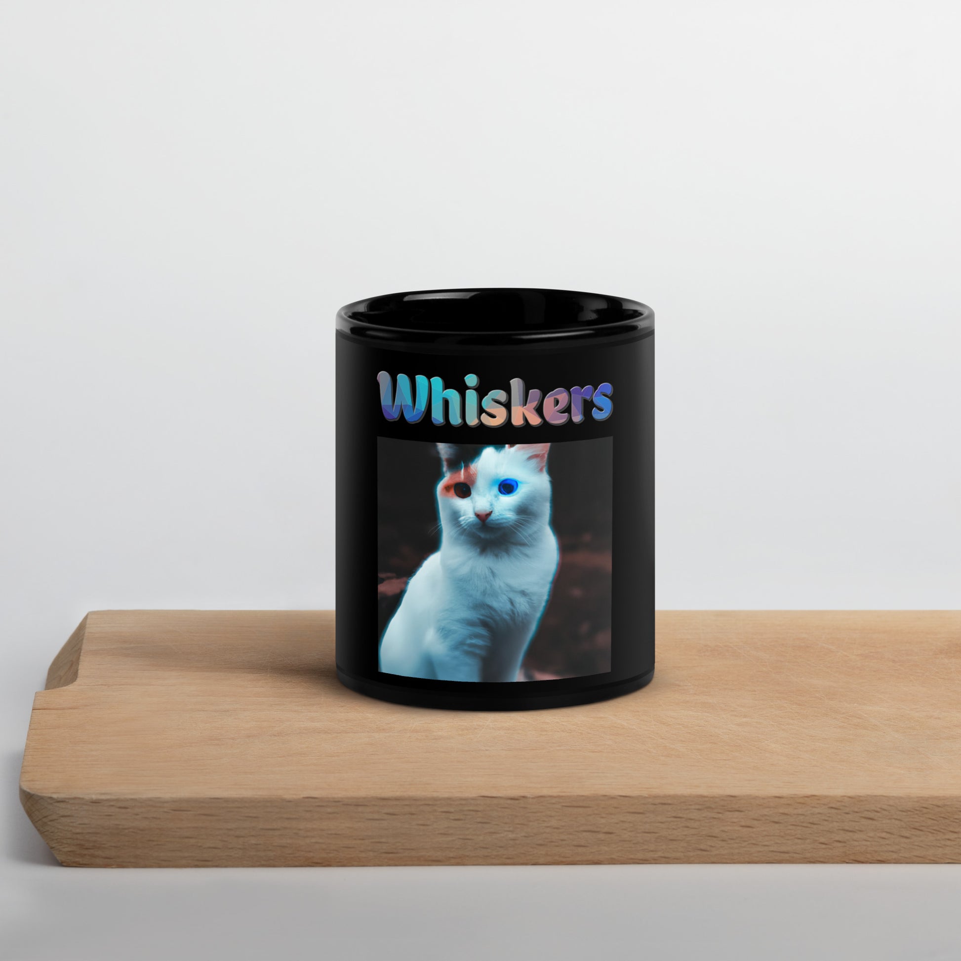 Black Glossy Mug with Cat With Colorful Eyes with text "Whiskers" at $25.97 found at Personalizedpetlovergifts