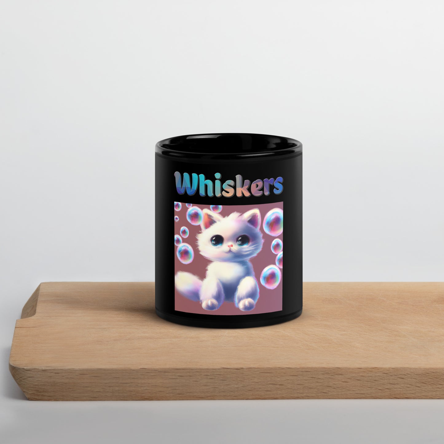 Black Glossy Mug with Cat With Bubbles with text "Whiskers" at $25.97 found at Personalizedpetlovergifts