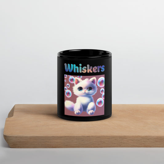 Black Glossy Mug with Cat With Bubbles with text "Whiskers" at $25.97 found at Personalizedpetlovergifts