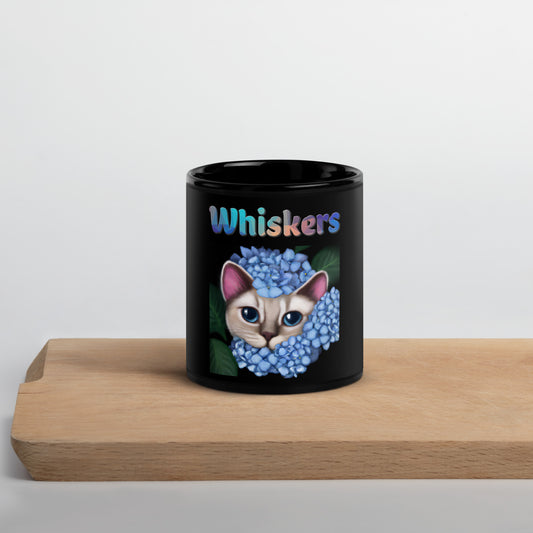 Black Glossy Mug with Cat With Blue Hydrangea Flowers with text "Whiskers" at $25.97 found at Personalizedpetlovergifts