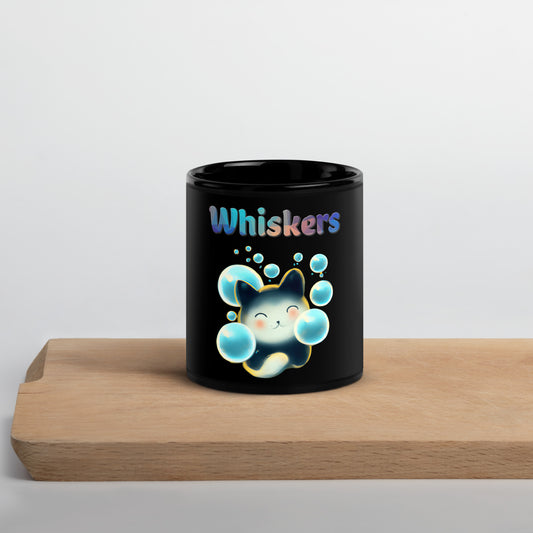 Black Glossy Mug with Cat With Blue Bubbles with text "Whiskers" at $25.97 found at Personalizedpetlovergifts