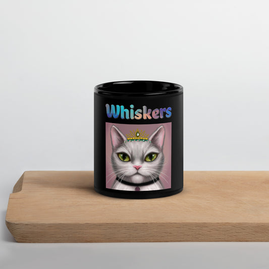 Black Glossy Mug with Cat With a Tiara with text "Whiskers" at $25.97 found at Personalizedpetlovergifts