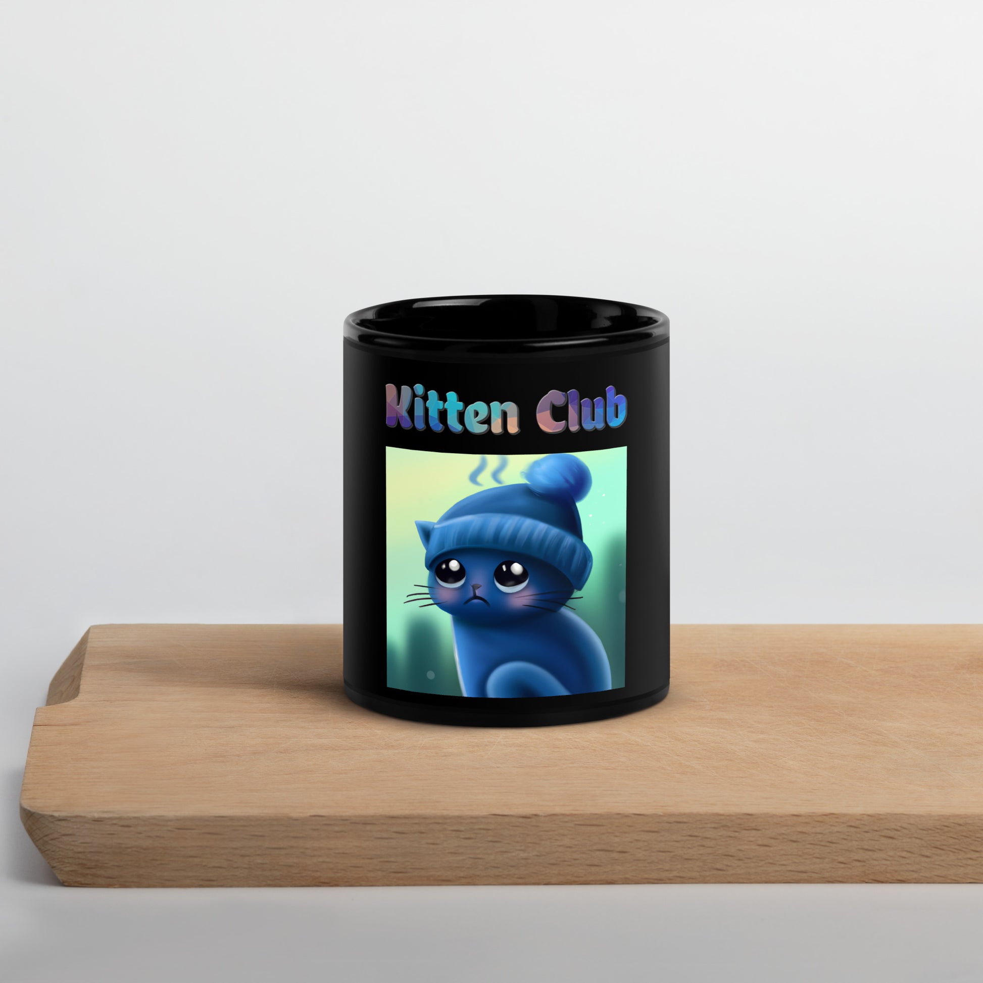 Black Glossy Mug with Cold Kitten In a Hat with text "Kitten Club" at $25.97 found at Personalizedpetlovergifts