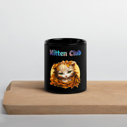 Black Glossy Mug with Cat With Orange Leaves with text "Kitten Club" at $25.97 found at Personalizedpetlovergifts