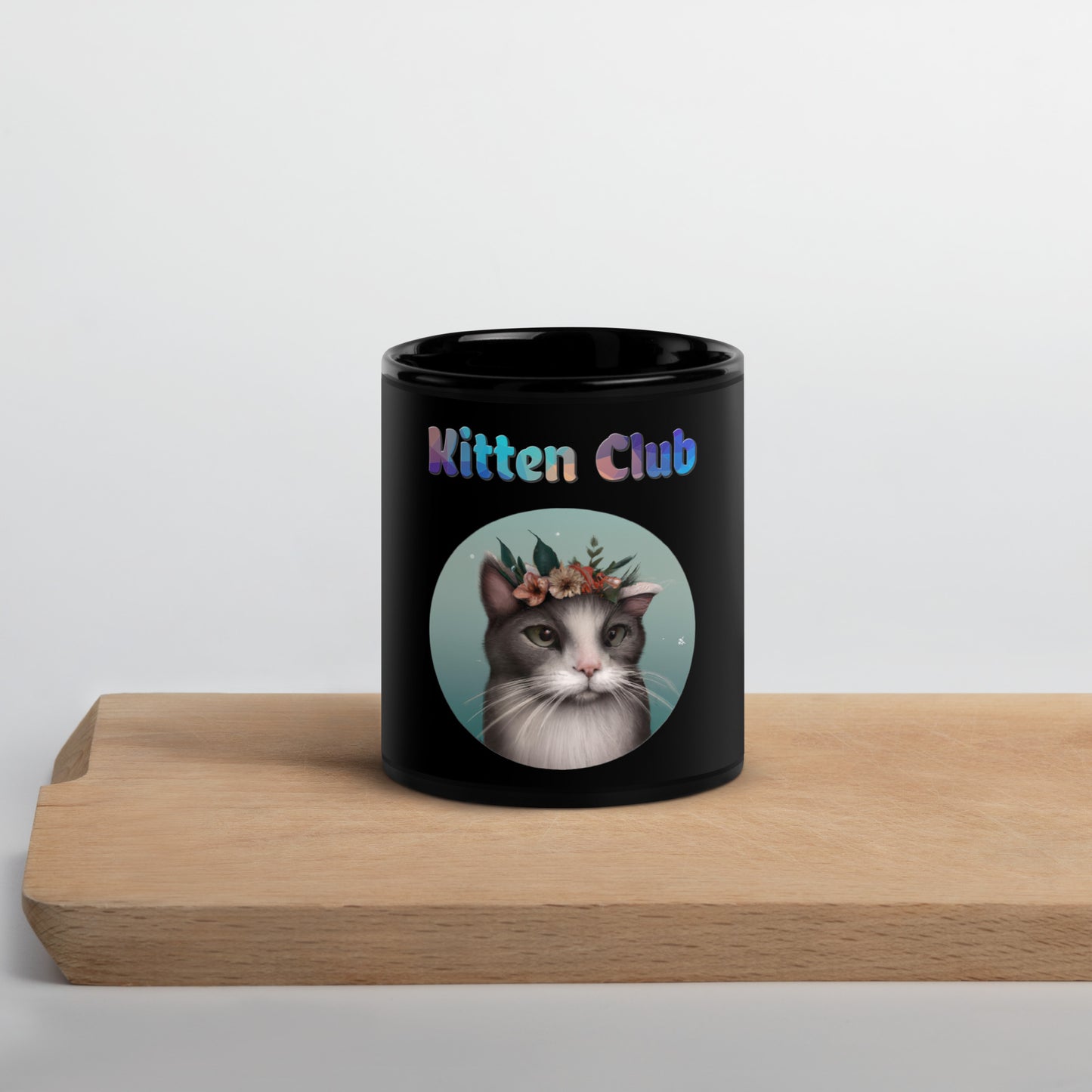 Black Glossy Mug with Cat With Flowers with text "Kitten Club" at $25.97 found at Personalizedpetlovergifts