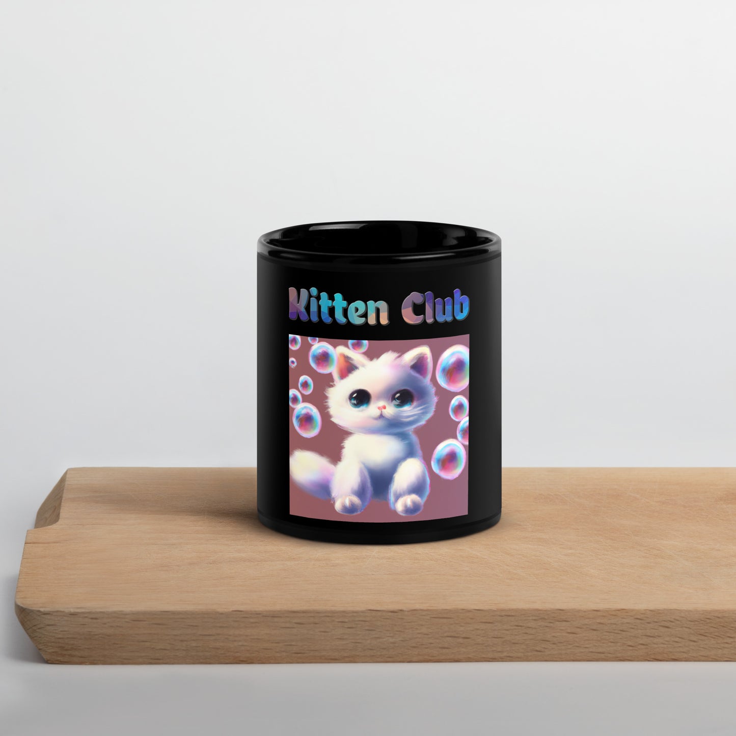 Black Glossy Mug with Cat With Bubbles with text "Kitten Club" at $25.97 found at Personalizedpetlovergifts