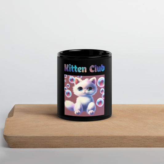 Black Glossy Mug with Cat With Bubbles with text "Kitten Club" at $25.97 found at Personalizedpetlovergifts