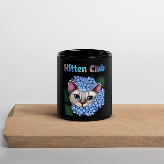 Black Glossy Mug with Cat With Blue Hydrangea Flowers with text "Kitten Club" at $25.97 found at Personalizedpetlovergifts