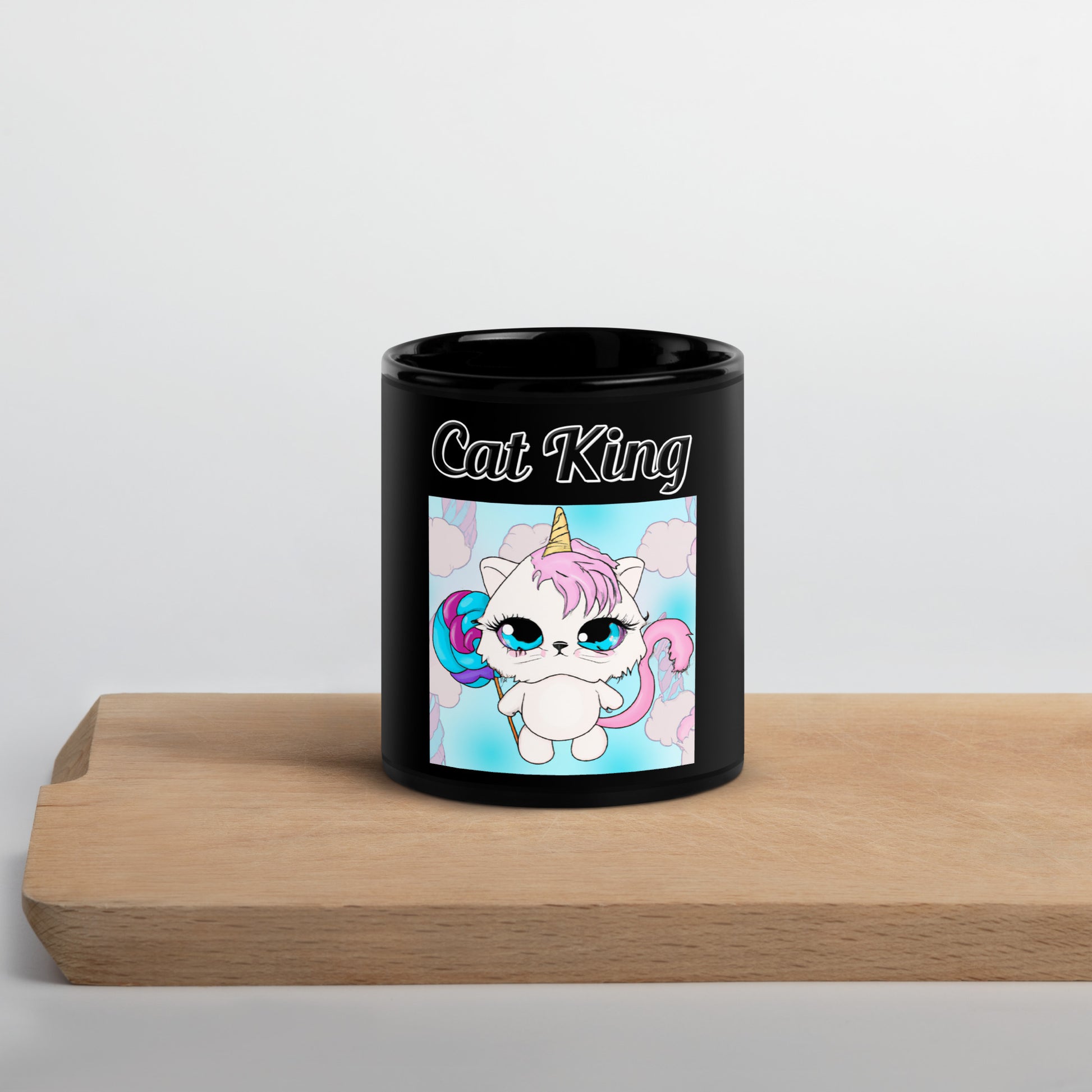 Black Glossy Mug with text Unicorn Kitten With Lollipop with a text "Cat King" at $10 found at Personalizedpetlovergifts