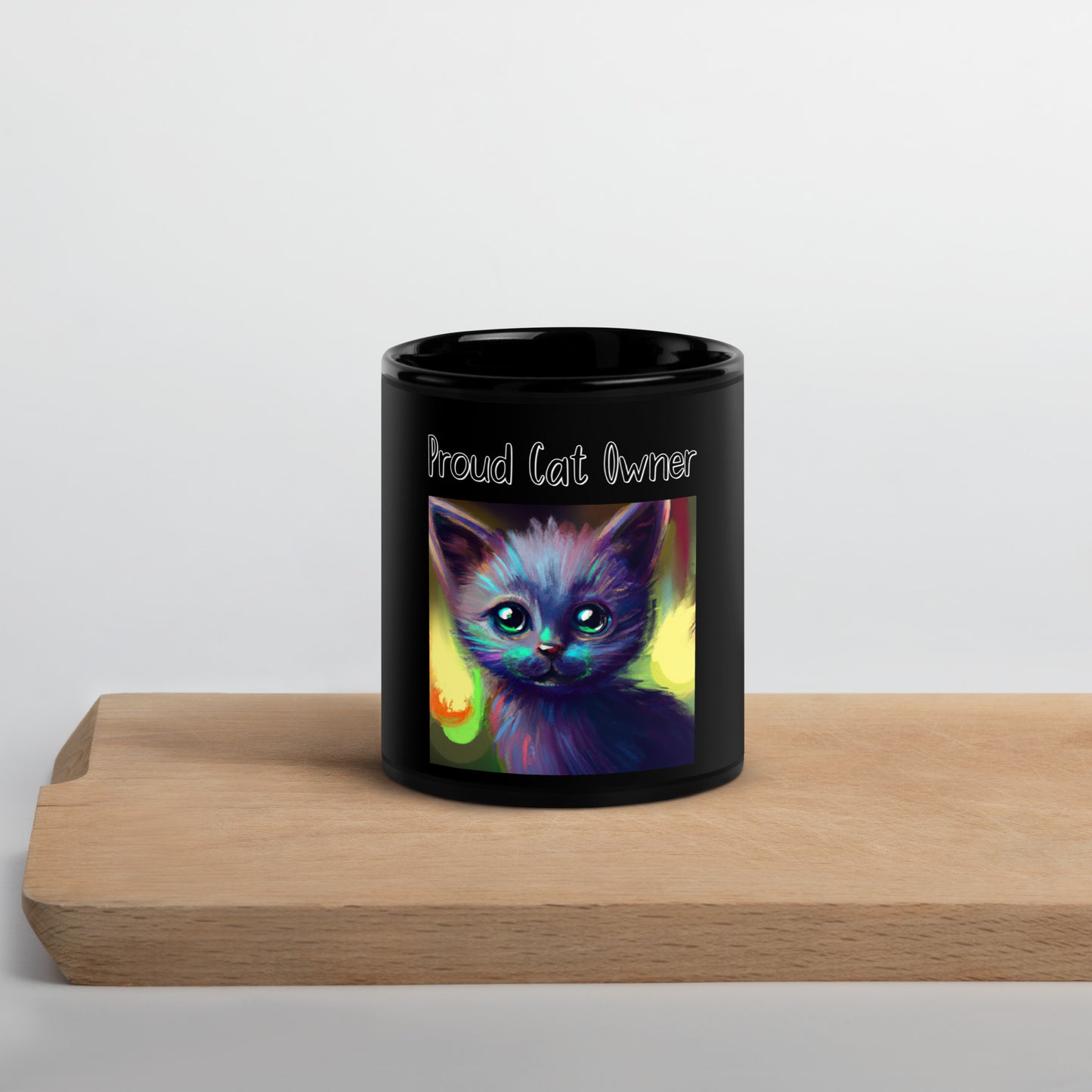 Black Glossy Mug with Kitten Trippy Portrait with a text "Proud Cat Owner" at $25.97 found at Personalizedpetlovergifts