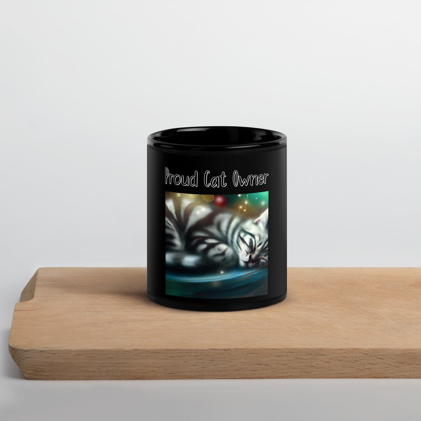 Black Glossy Mug with Kitten Sleeping with a text "Proud Cat Owner" at $25.97 found at Personalizedpetlovergifts