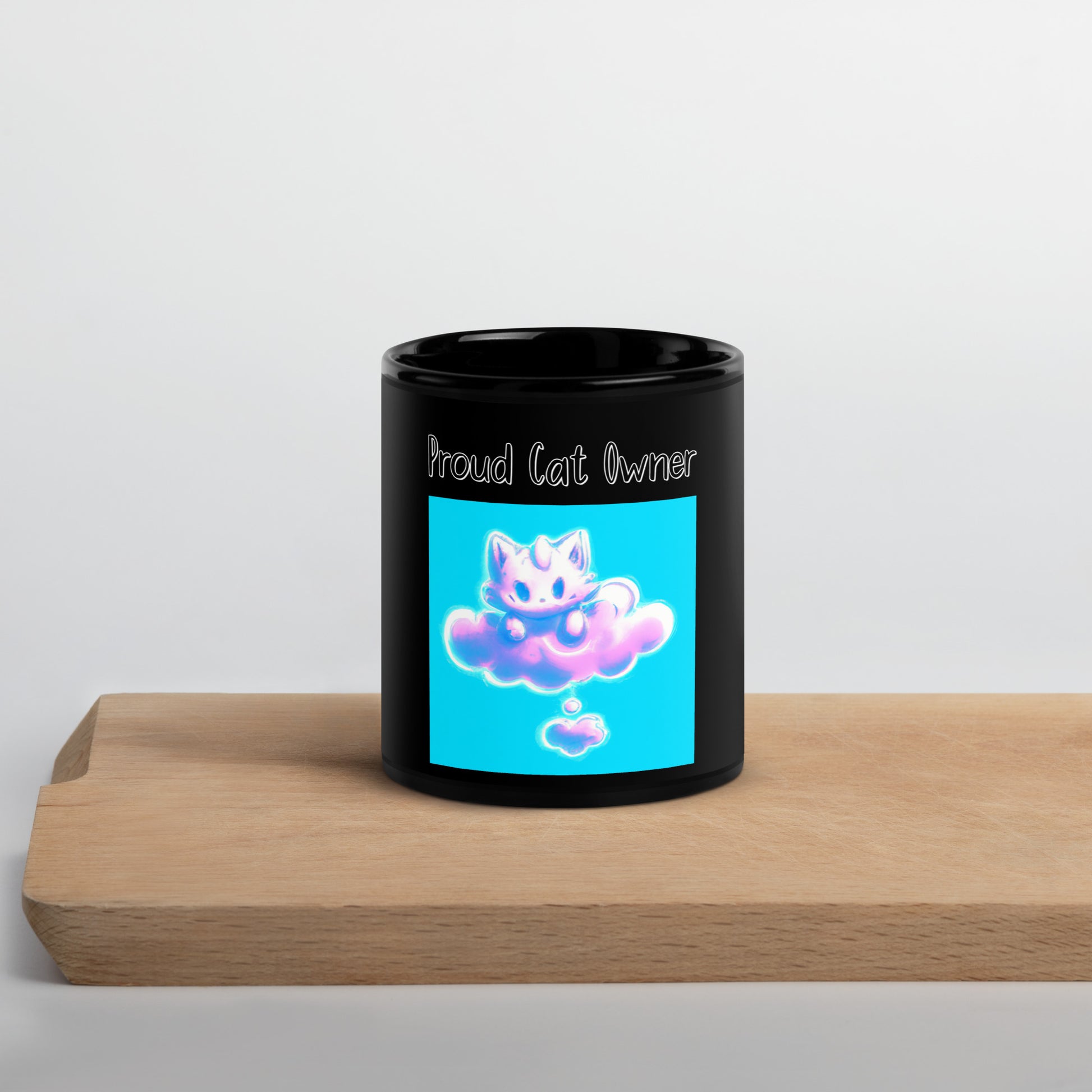 Black Glossy Mug with Kitten Sitting On A Pink Cloud with a text "Proud Cat Owner" at $25.97 found at Personalizedpetlovergifts