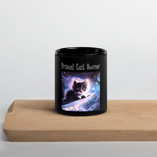 Black Glossy Mug with Kitten Sitting In The Space with a text "Proud Cat Owner" at $25.97 found at Personalizedpetlovergifts