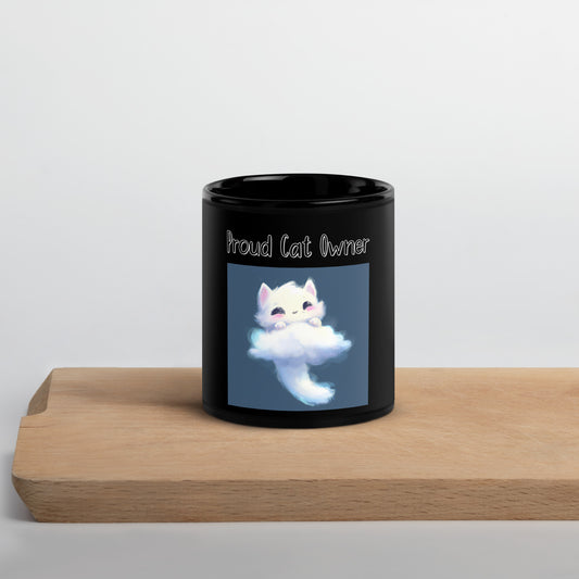 Black Glossy Mug with Kitten Shaped Cloud with a text "Proud Cat Owner" at $25.97 found at Personalizedpetlovergifts