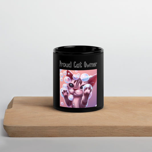 Black Glossy Mug with Kitten Playing With Soap Bubbles with a text "Proud Cat Owner" at $25.97 found at Personalizedpetlovergifts