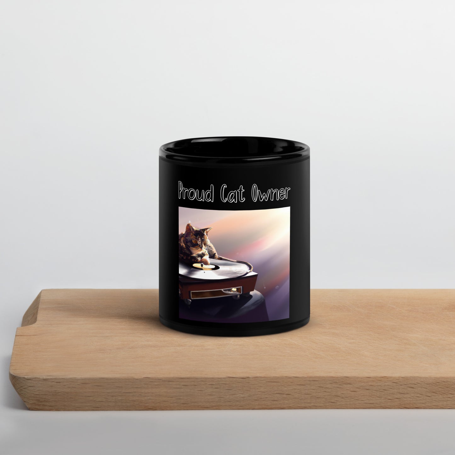 Black Glossy Mug with Kitten On A Vinyl with a text "Proud Cat Owner" at $25.97 found at Personalizedpetlovergifts