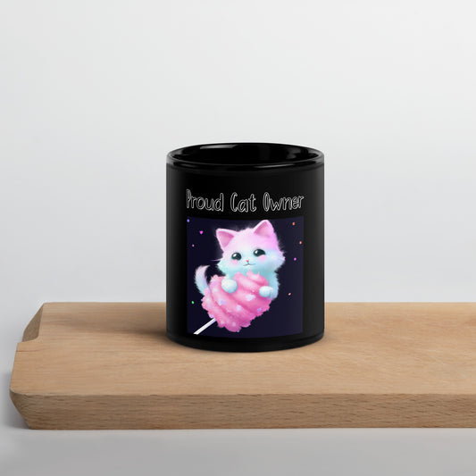 Black Glossy Mug with Kitten On A Cotton Candy with a text "Proud Cat Owner" at $25.97 found at Personalizedpetlovergifts