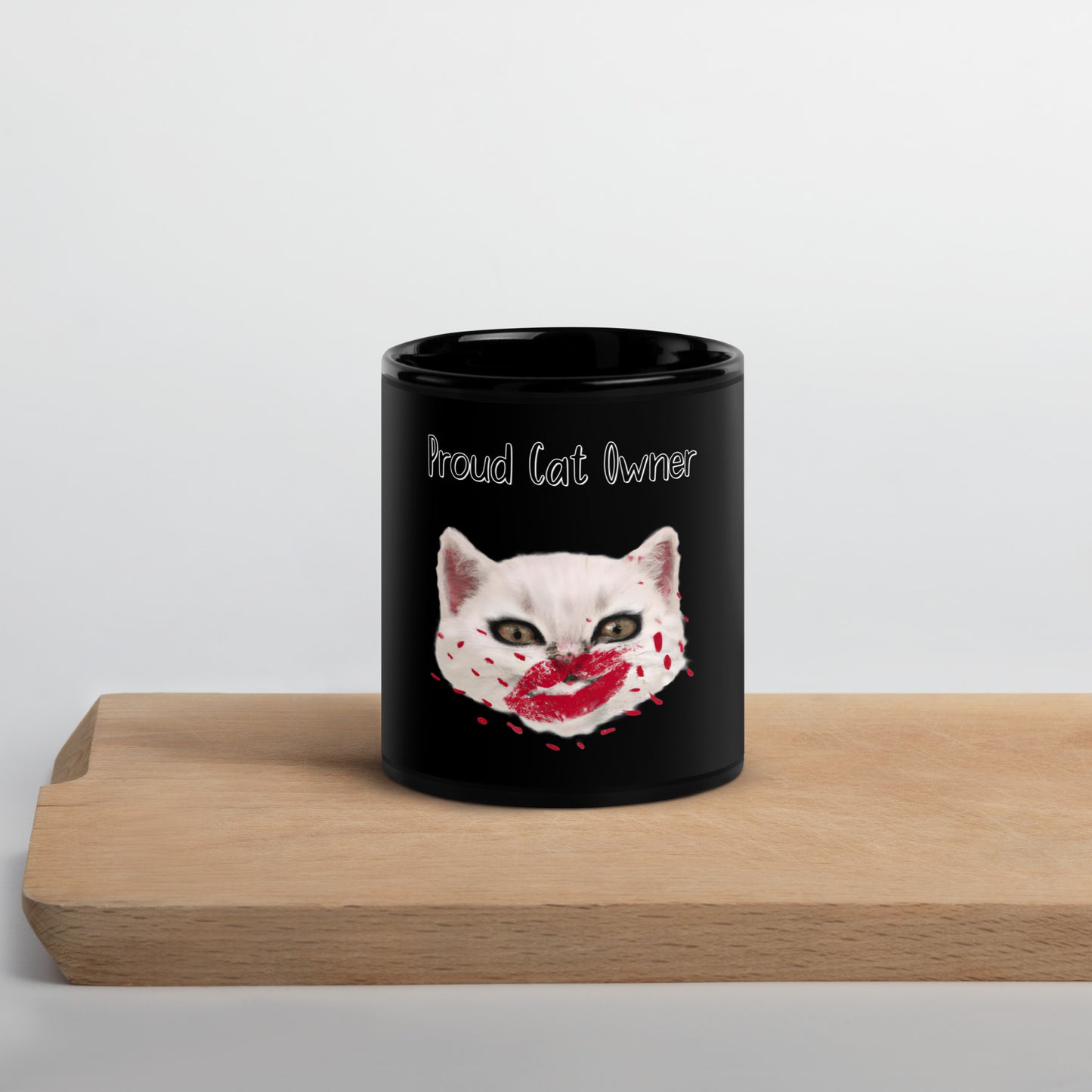 Black Glossy Mug with Kitten Kisses with a text "Proud Cat Owner" at $25.97 found at Personalizedpetlovergifts