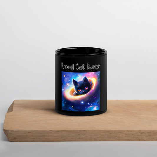 Black Glossy Mug with Kitten Inside A Galaxy with a text "Proud Cat Owner" at $25.97 found at Personalizedpetlovergifts