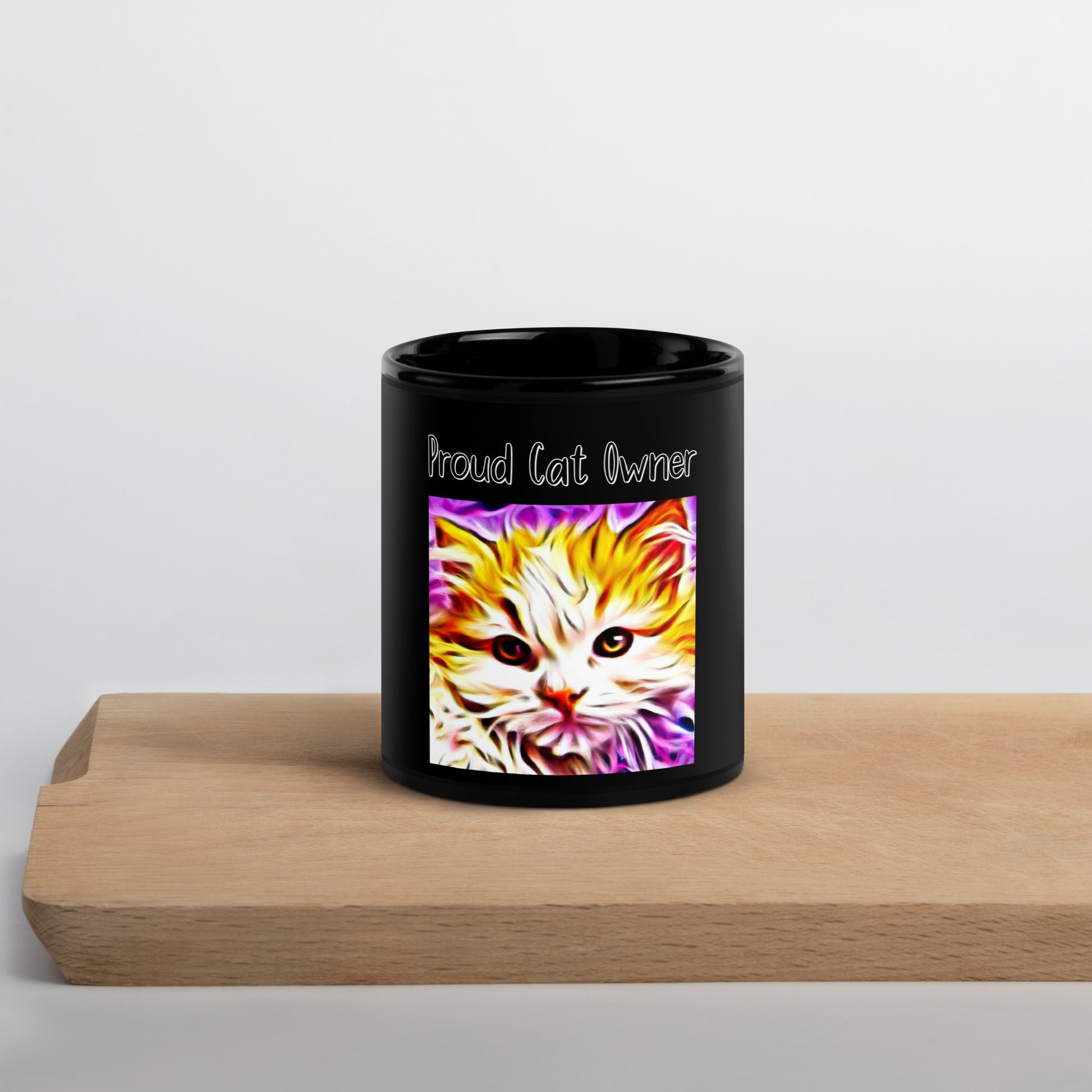 Black Glossy Mug with Kitten In Trippy Colors with a text "Proud Cat Owner" at $25.97 found at Personalizedpetlovergifts