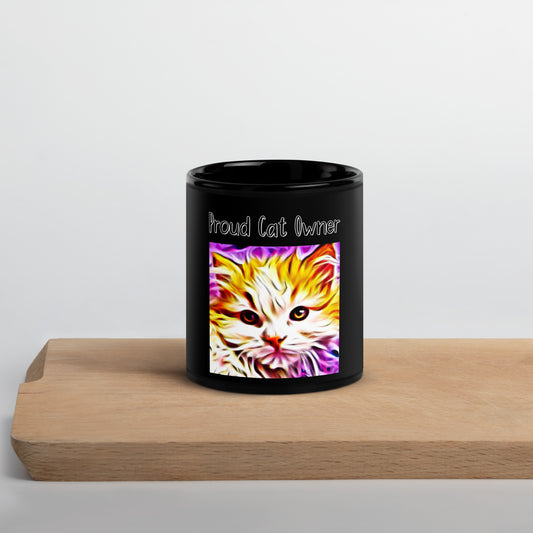 Black Glossy Mug with Kitten In Trippy Colors with a text "Proud Cat Owner" at $25.97 found at Personalizedpetlovergifts