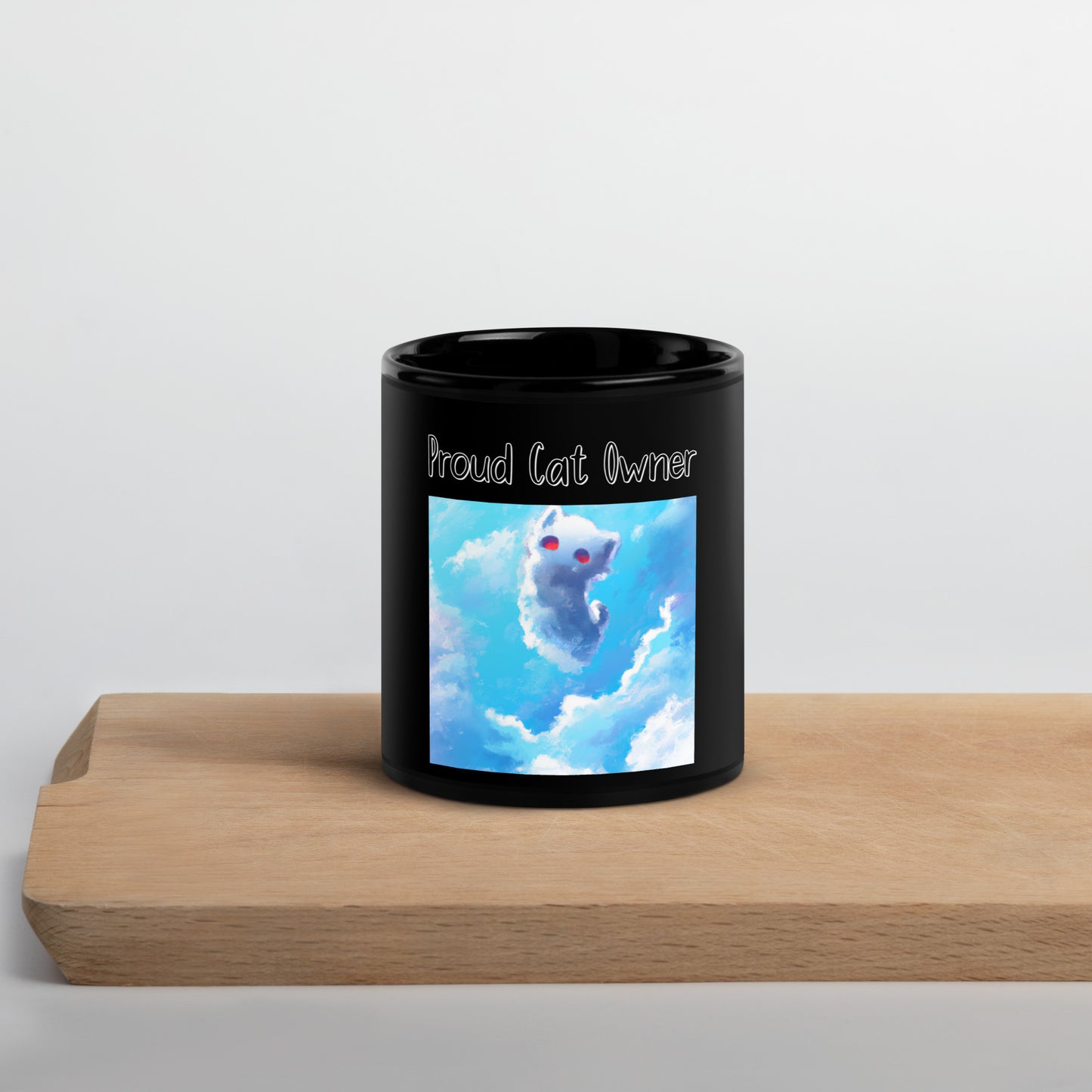 Black Glossy Mug with Kitten In the Sky with a text "Proud Cat Owner" at $25.97 found at Personalizedpetlovergifts