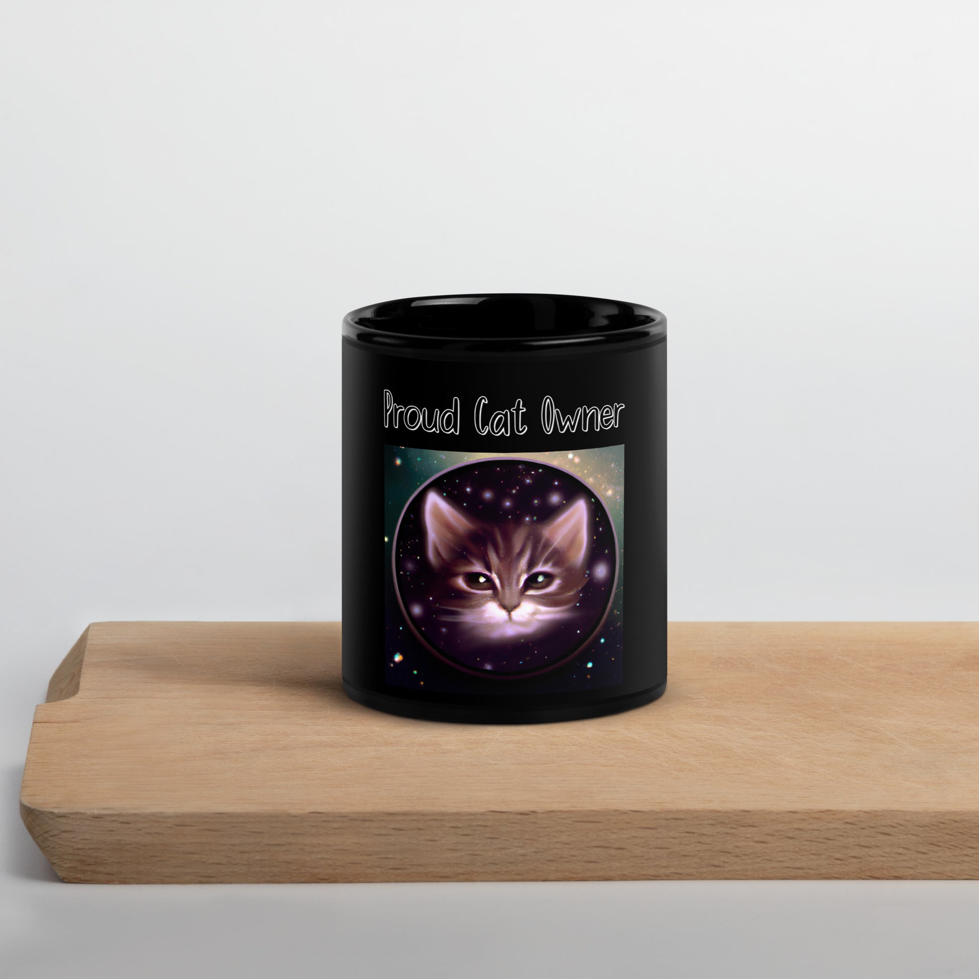 Black Glossy Mug with Kitten In Space Circle with a text "Proud Cat Owner" at $25.97 found at Personalizedpetlovergifts