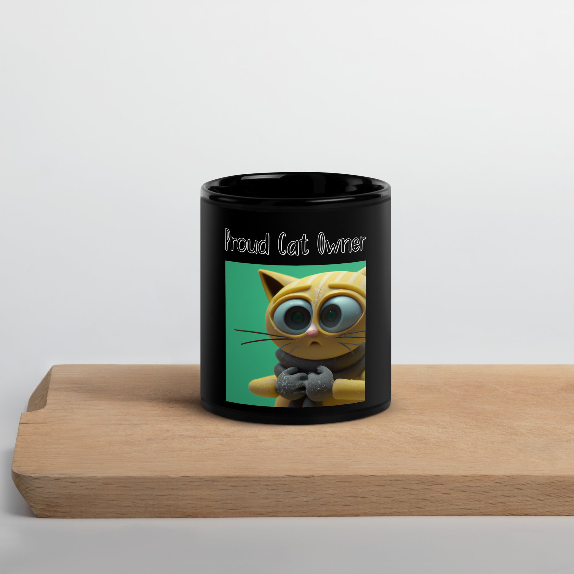 Black Glossy Mug with Kitten In Mittens with a text "Proud Cat Owner" at $25.97 found at Personalizedpetlovergifts