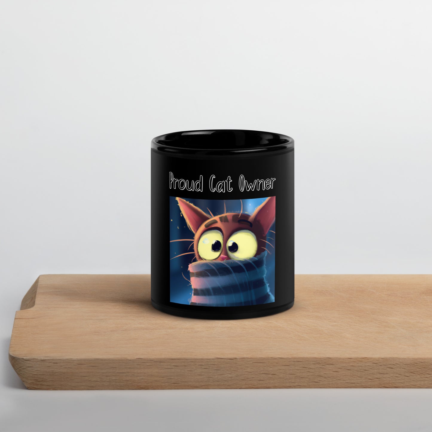 Black Glossy Mug with Kitten In A Turtleneck with a text "Proud Cat Owner" at $25.97 found at Personalizedpetlovergifts