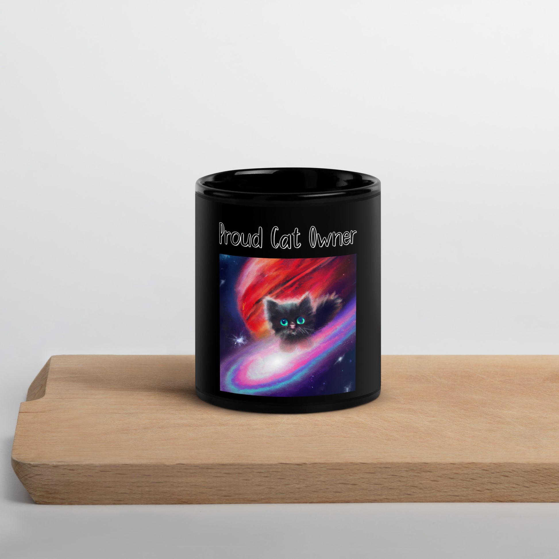 Black Glossy Mug with Kitten In a Galaxy with a text "Proud Cat Owner" at $25.97 found at Personalizedpetlovergifts