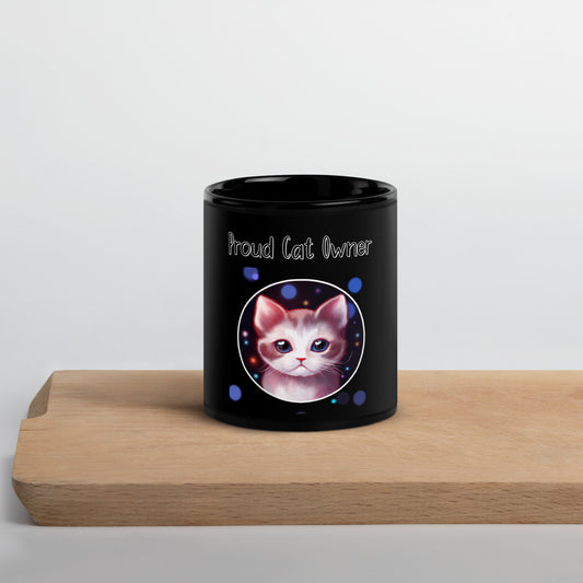 Black Glossy Mug with Kitten In a Galaxy Circle with a text "Proud Cat Owner" at $25.97 found at Personalizedpetlovergifts